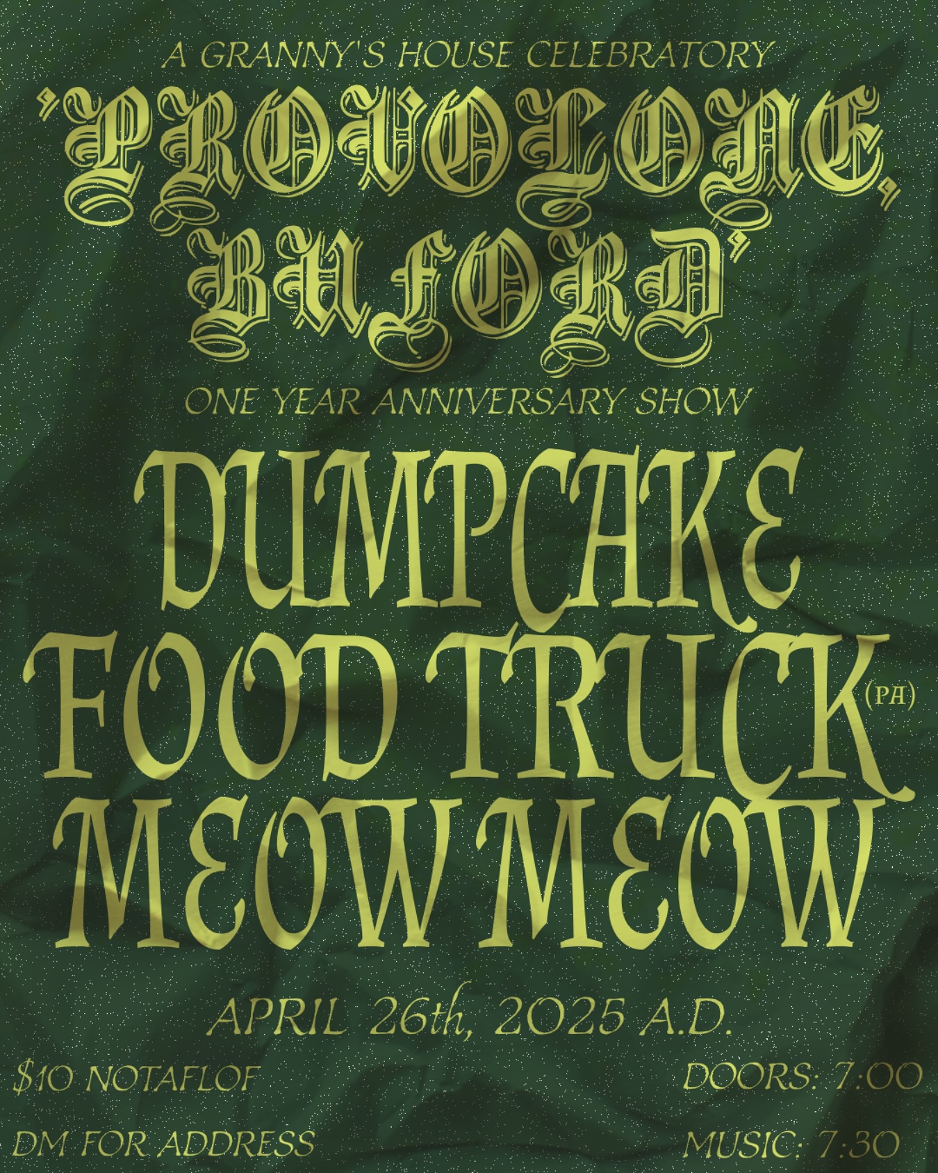 provolone buford anniversary show poster with dumpcake and food truck